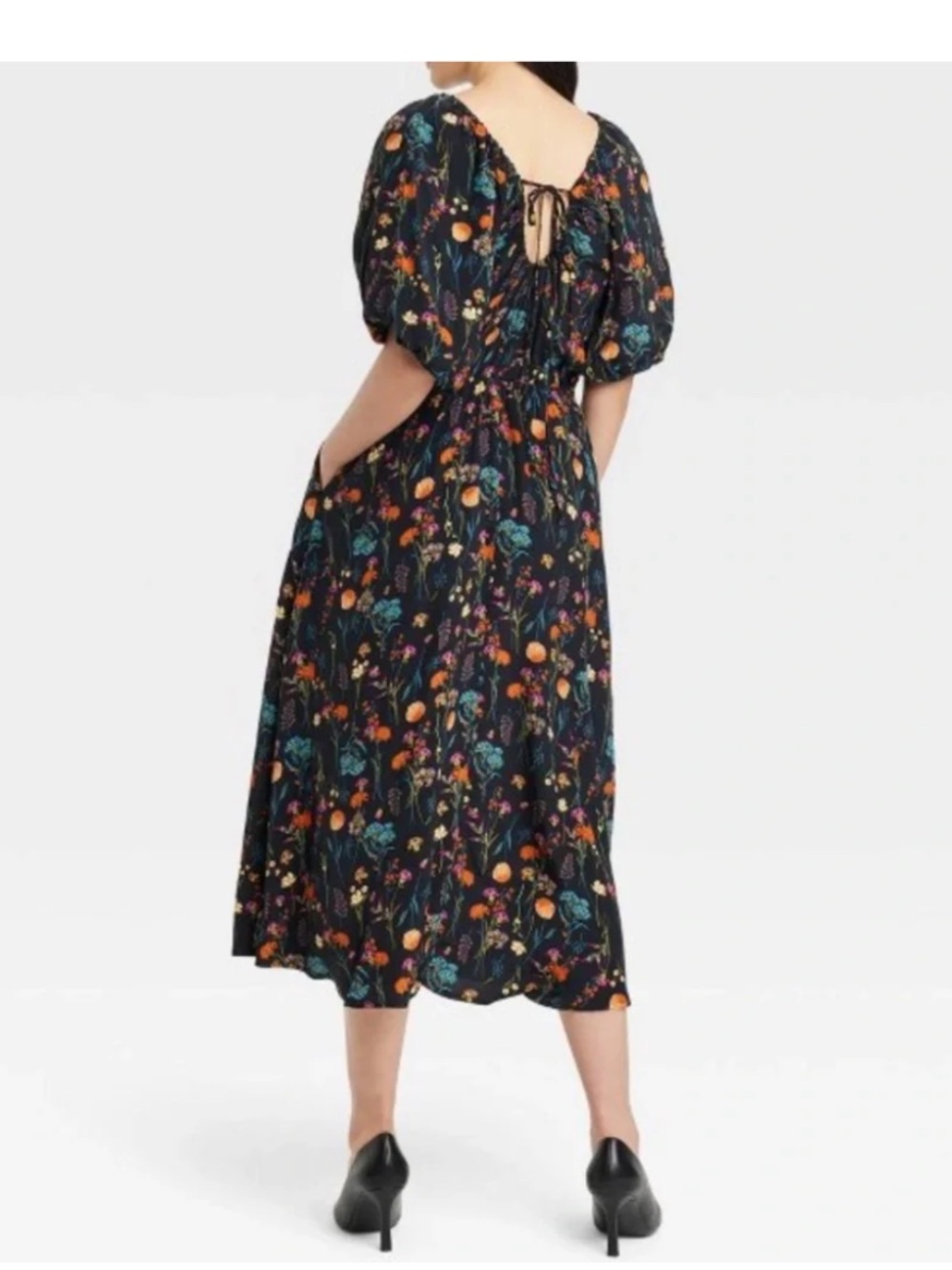 a new day Black Floral Puff Sleeve Midi Dress